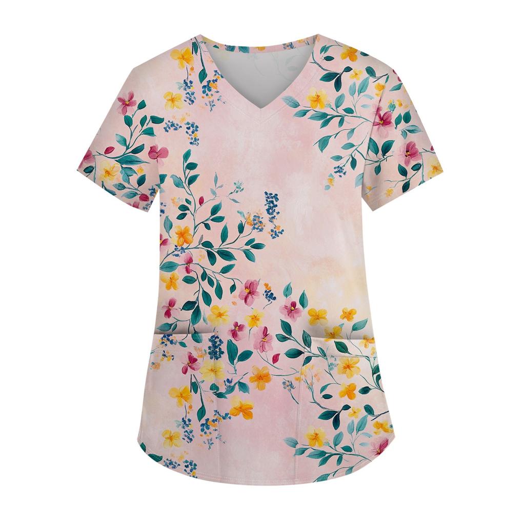 Women's Printed Uniform Work Uniform V-Neck Pocket Protective Work Uniform