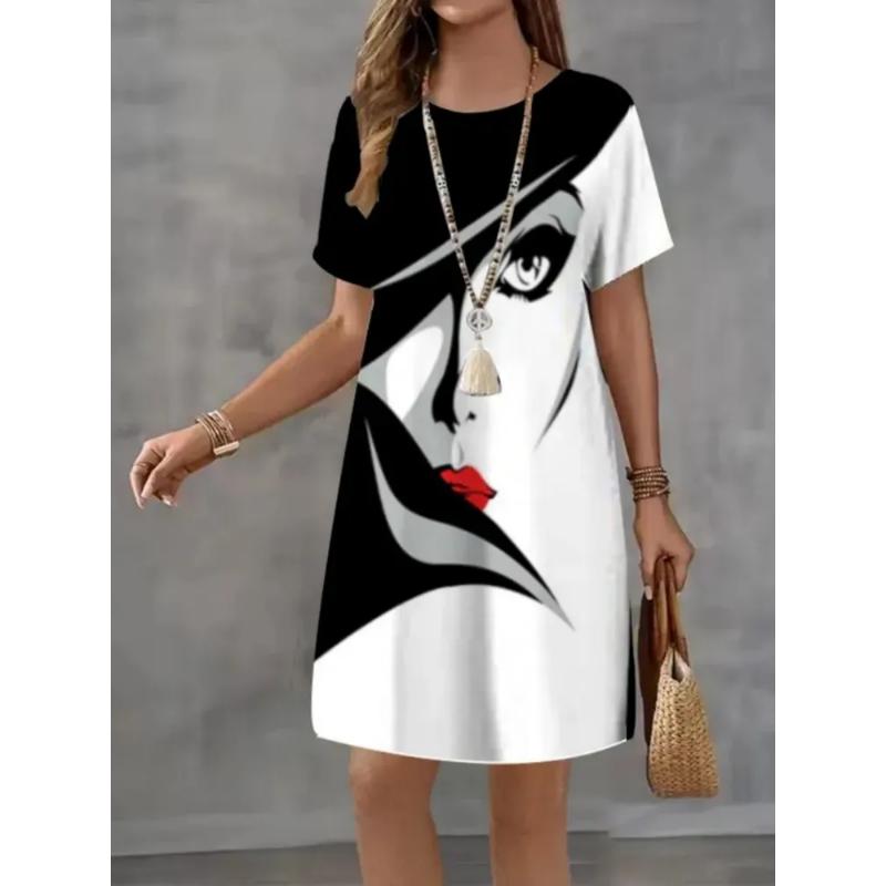 Fashion Women's Crew Neck Dress 3D Casual Color Printing Casual Dress Crew Neck Dress