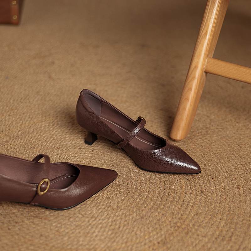 Krazing Pot Sheepskin Autumn Winter Shoes Thin Med Heels Size 43 Size 42 Pointed Toe Buckle Straps Shallow Pumps