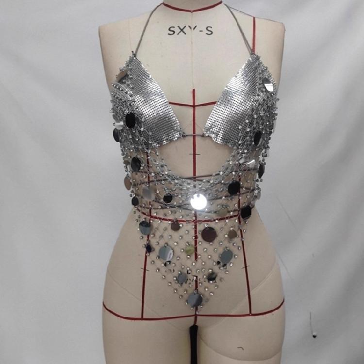 Womens Fishnet Rhinestones Shirt Halter Neck Sequins Bra Body Chain Jewelry Camisole Festival Partywear Glitter Club Top