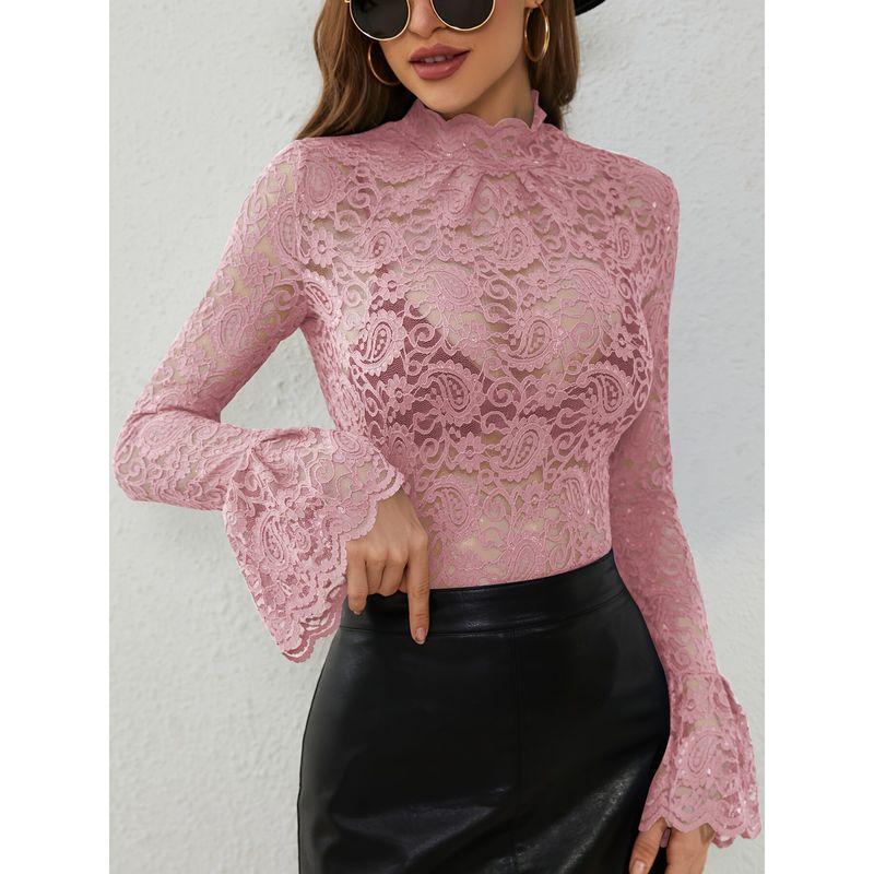 European and American Cross-Border 2026 New Style Sexy Paisley Lace Slim Fit Flared Sleeve Top for Women