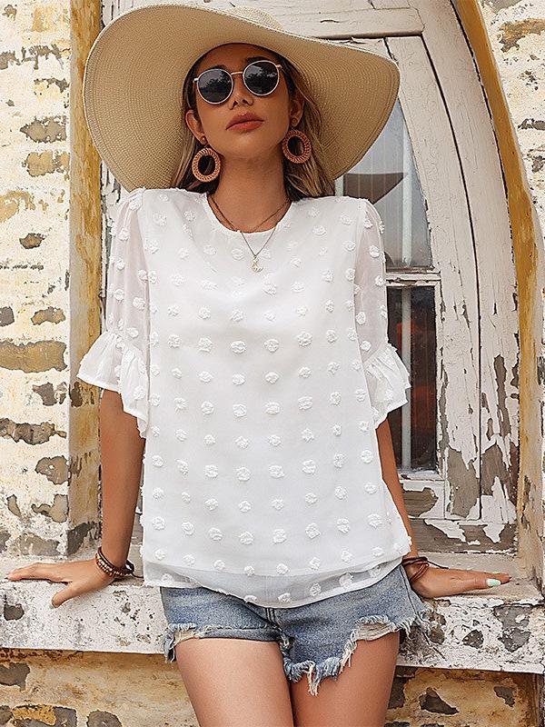 2025 Spring/Summer European & US White Ruffle Sleeve Round Neck Women's Loose Short Sleeve Fashion Top