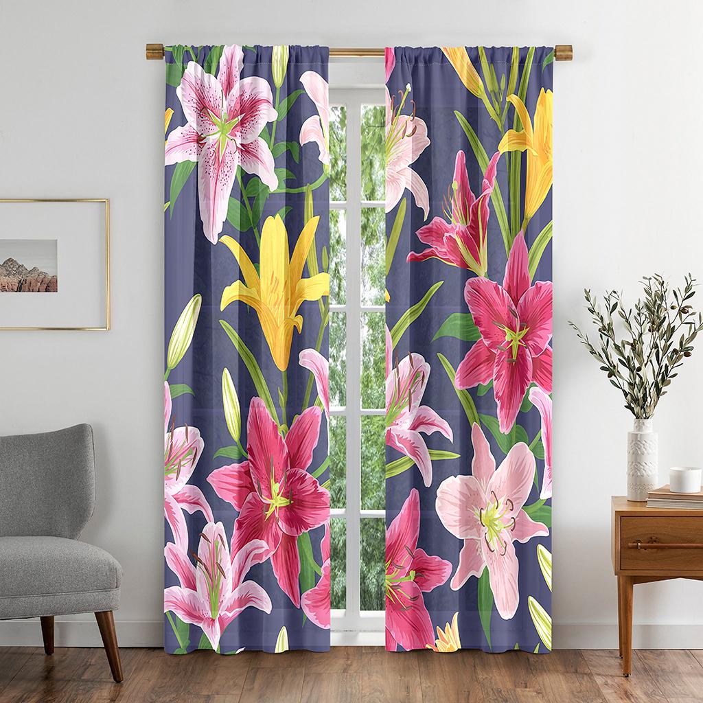 

Blooming Greenish Lily Flowers Garden Blackout Window Area Curtain Living Interior Room Sleeping Room Restroom Food Prep Room Entry Doors Storage W50 X H130(CM)X2&Hook