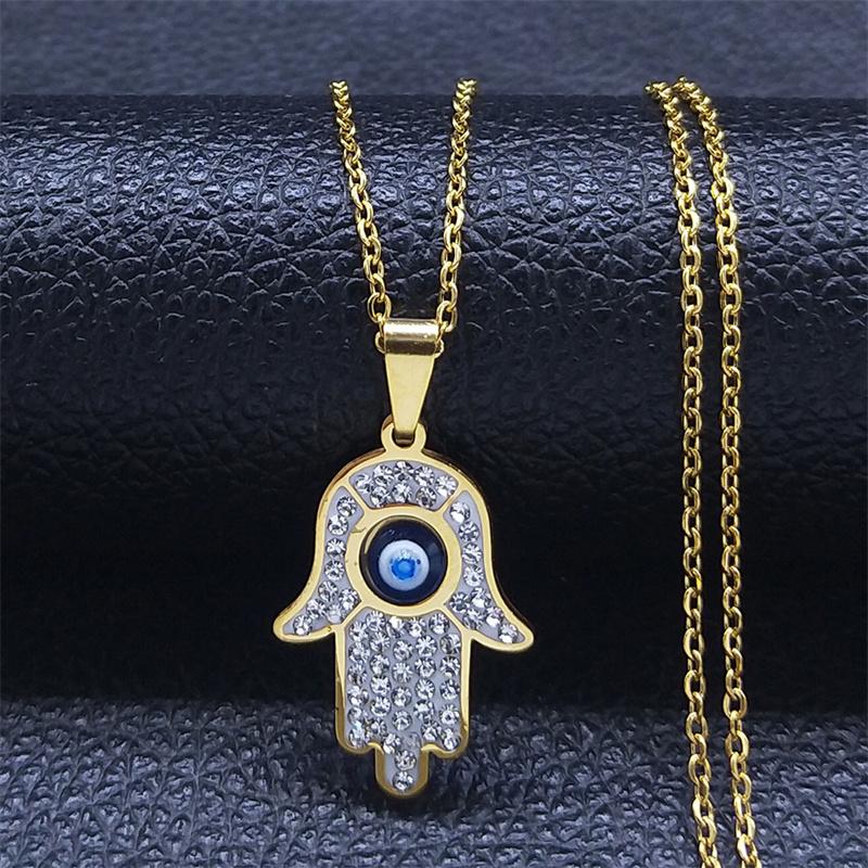 Collier Oeil Grec Main de Fatima pour Femmes Hommes Acier Inoxydable Chaîne de Protection Oeil Bleu Maléfique Turc Bijoux Islamiques N8041S01