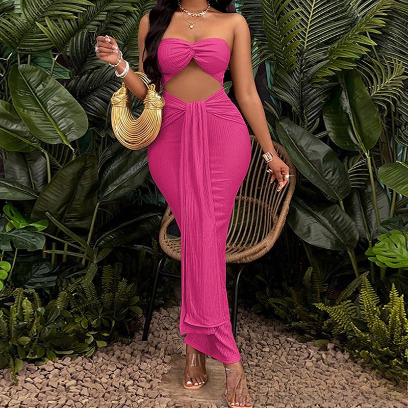 

Европейское и американское летнее однотонное платье с разрезом, без бретелек, с открытой спиной и открытым пупком L