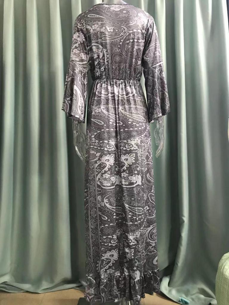 2023 Bohemian Style V-Neck Bell Sleeve High Waist Floral Vacation Dress for Women