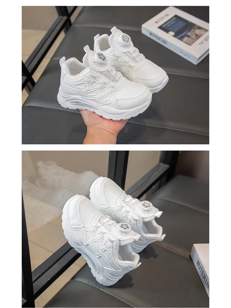 White Leather Sports Shoes with Rotating Button for Girls' & Boys', Soft Sole Lightweight Sneakers for Kids