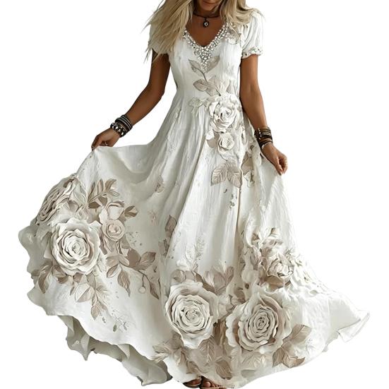 Women's Boho V-Neck Maxi Dress, Floral Print Short Sleeve Casual A-line Dress, Vintage Western Travel Vacation Outfits