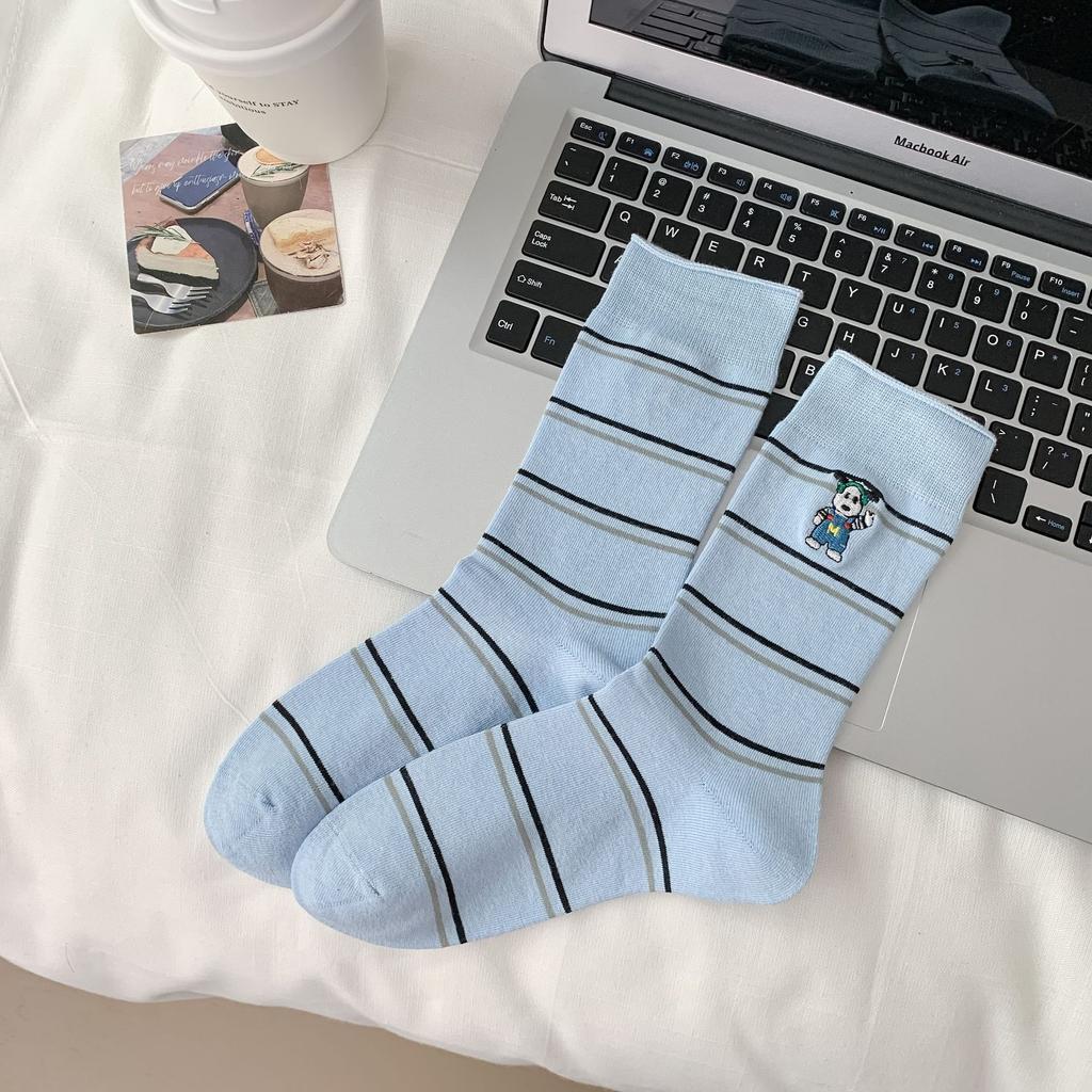Casual Mid-Leg Socks Embroidered High-Value Striped Bear Korean Socks