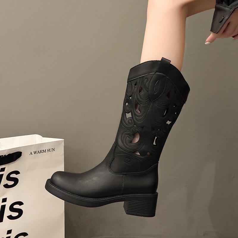 

Hollow embroidery western cowboy boots women s 2025 autumn new brown v-mouth but knee boots medium tube knight boots 40 чёрный