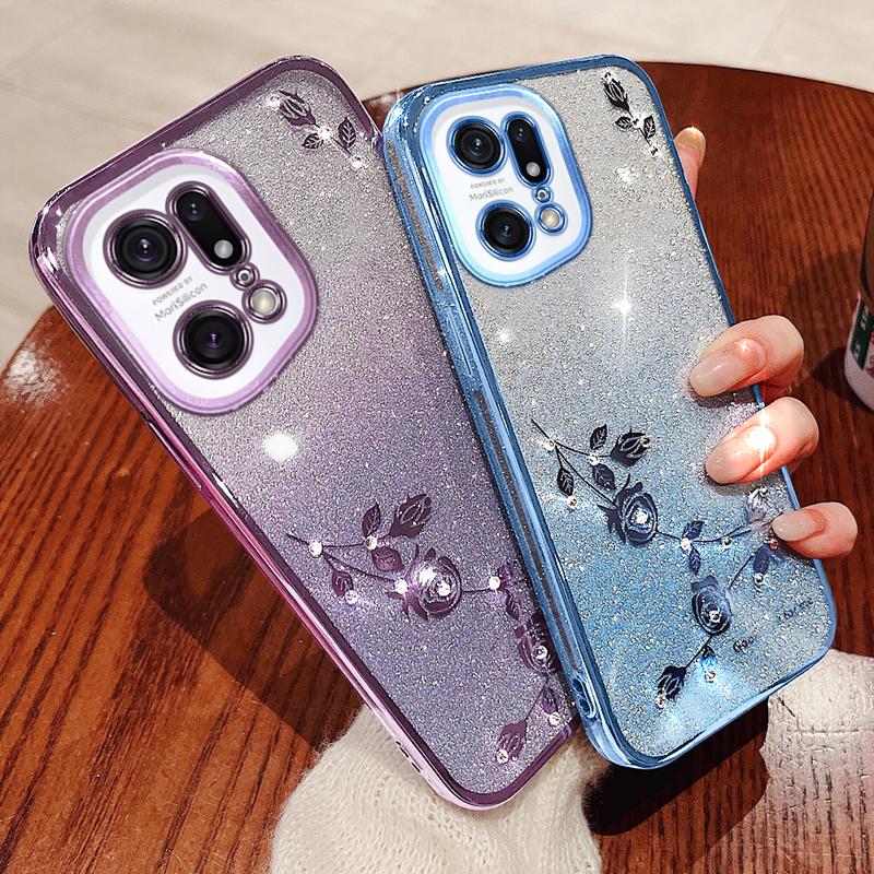 KADEM For Oppo Find X5 Pro 5G Cell Phone Case Rhinestone Flower Pattern Gradient Color Glitter Powder TPU Cover Protector
