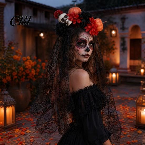 Halloween Costume Headband Pumpkin Skull Floral Headband, Stable Hair Hoop with 3D Artificial Non-irritating Flowers And Spiderweb Black Gauze Gothic