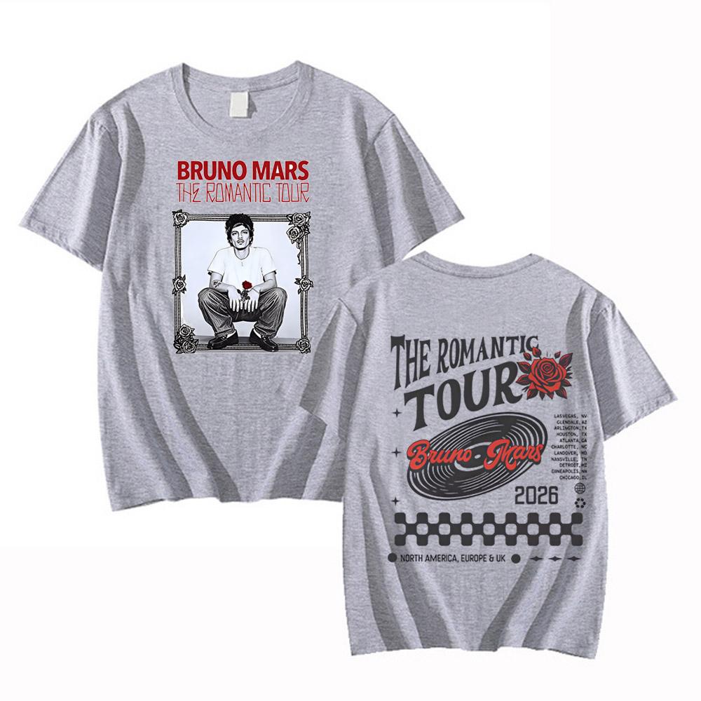 Rapper Bruno Mars Romantic Tour 2026 Graphics Tees Men Women T-shirts Short-sleeved High Quality Cotton Hip-hop O-Neck T