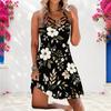 Women Plus Size Criss Cross Neck Strappy Sleeveless Floral Printed Curved Hem Black Dress
