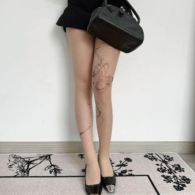 Letní originální čínský styl tetování inkoustový potisk motýlů průsvitné punčochové kalhoty - Ultra tenké Y2K mileniální baddie potištěné tělové punčochové kalhoty