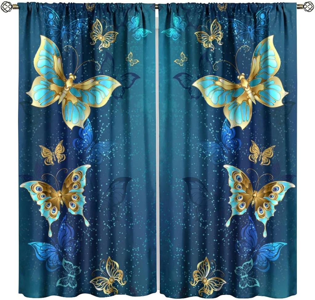 Blue Flower Butterfly Curtains Girls Boy Home Decor Spring Plant Daisy Floral Pattern Drapes Window Curtain With Rod Pocket Polyester