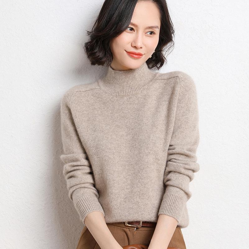 Women's 100% Wool Thickened Saddle Shoulder Sweater – Soft and Warm Half-High Neck Knitwear for Autumn and Winter