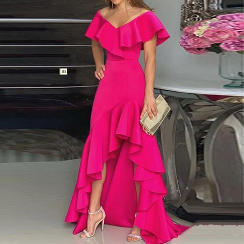 2024 spring and summer Amazon European and American temperament V-neck ruffle edge irregular elegant dress dress, women s clothing S розы красного