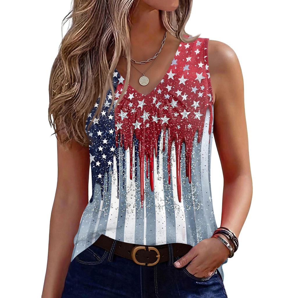 V-Neck Tank Top Women Print Tank Tee Casual Loose Fit Sleeveless Shirt