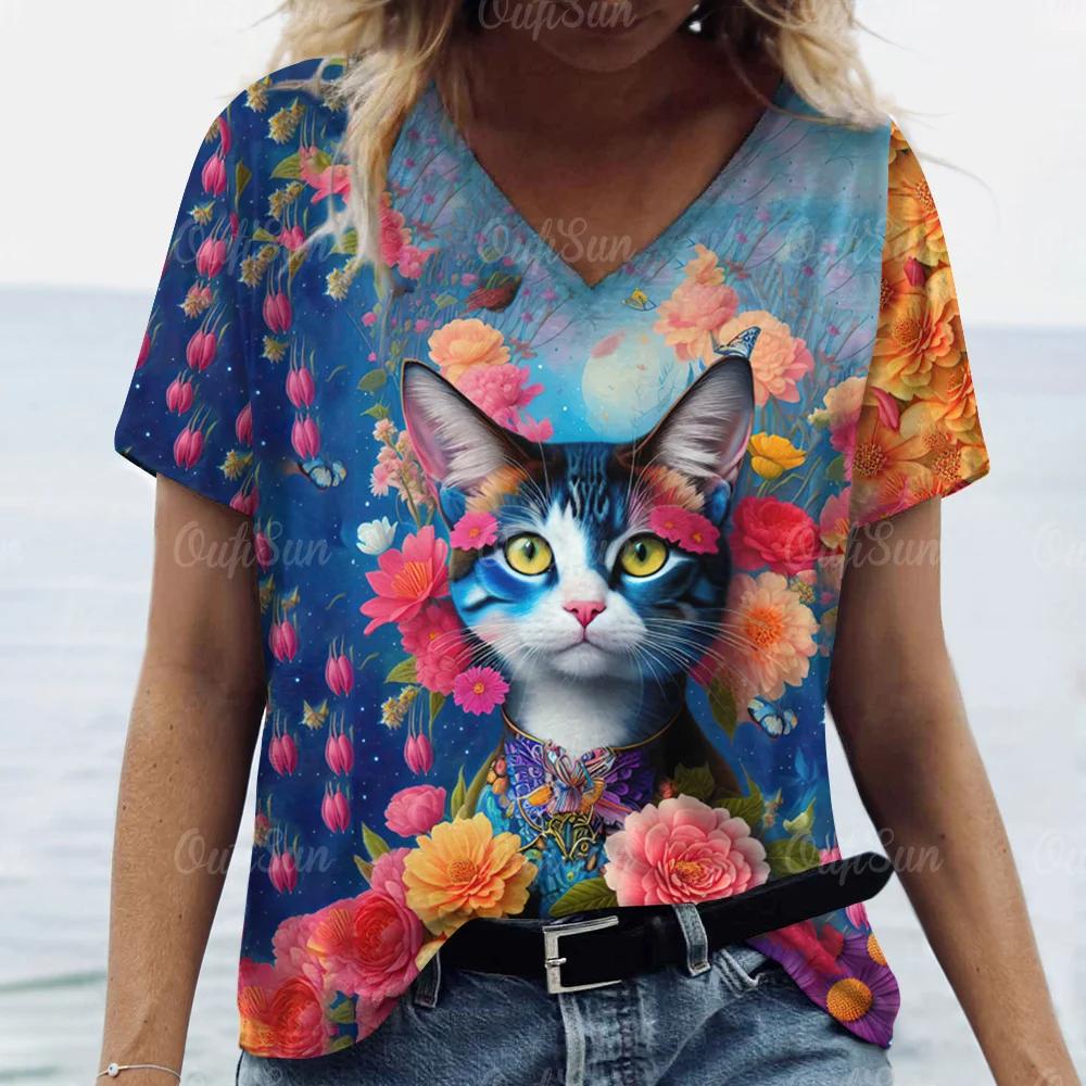 

Летняя женская футболка с милым котом, модные трендовые топы с V-образным вырезом, футболки, женская повседневная стильная одежда с коротким рукавом, женская винтажная одежда 3XL
