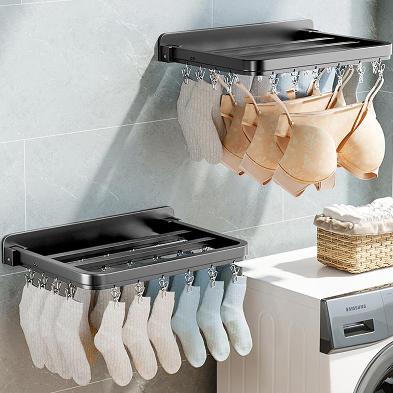 Laundry Organizer 12/20/26 Hooks Shelf Bra Underwear Fixed Wall Mounted Socks Clips Aluminium Alloy No Drilling Black