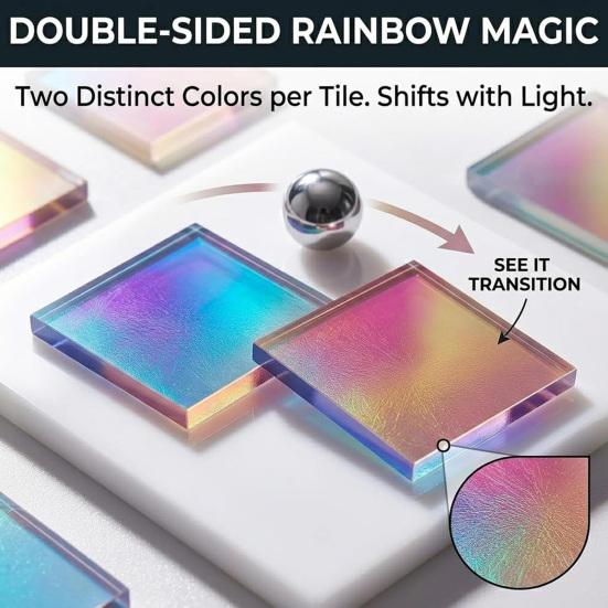 300/500Pcs Mini Iridescent Acrylic Squares, Translucent Holographic Tiles, Rainbow Acrylic Sheets for Mosaic Art, DIY Crafts, Light & Shadow Projects