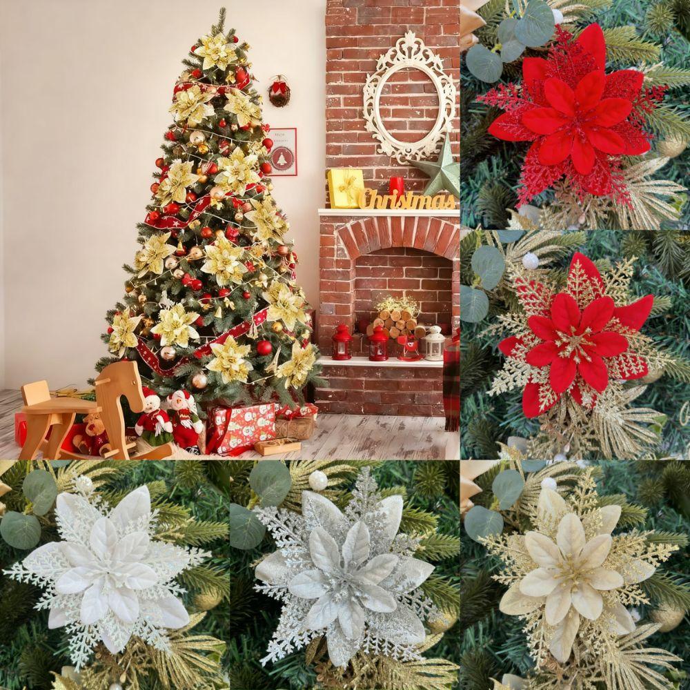 10 Stück Weihnachten Künstliche Blumen Stoffmaterial Rot Silber Gold DIY Kranz Anhänger Reißfest Noel Dekorationen