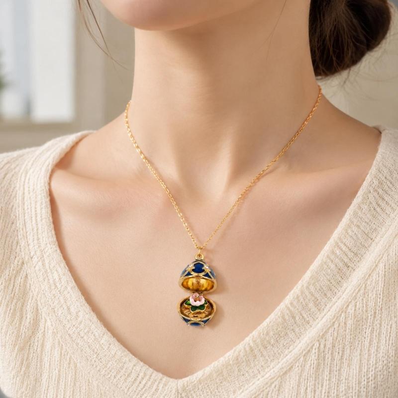 Enamel Egg Pendant Necklace with Hinged Opening, Collarbone Chain, Gold-Tone Chain, and Easter Outfit Styling for Women