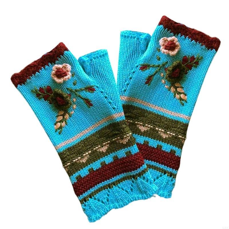 Stylish Half Finger Gloves for Women Knitted Winter Wrist Warmers with Floral Embroidery X3UC