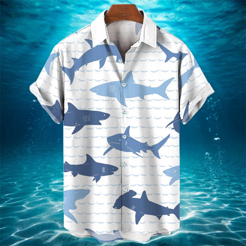 3D Animal Shark Print Hawaiian Shirt Men's Summer Casual Shirt Fashion Short Sleeved Sea World Loose Street Blouse Clothes