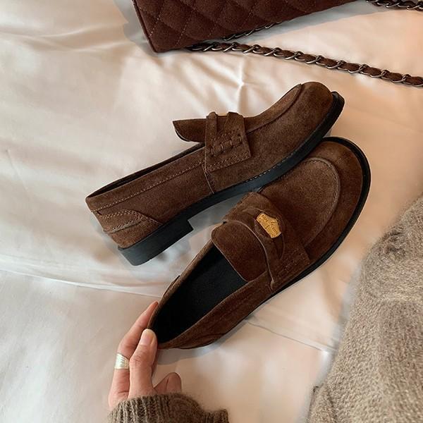 Sheepskin small gold coins flat-bottomed retro loafers women's genuine leather matte one-pedal lazy with skirt British small leather shoes