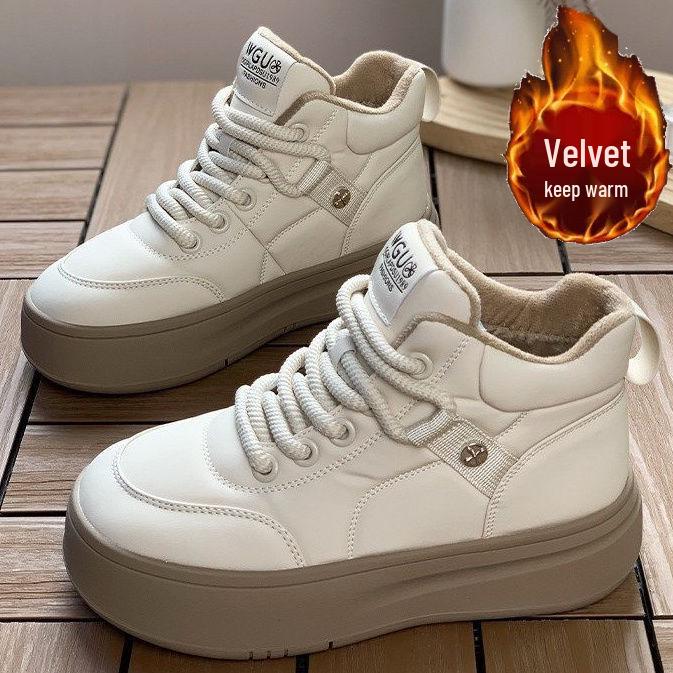 Women's High-Top Leather Sneakers: 2025 Autumn/Winter Thick-Soled Plus Velvet Warm Casual Shoes