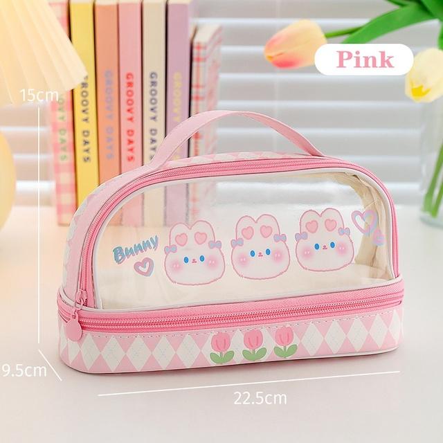 Pencil Case Double Layer Large Capacity Pen Bag Cartoon Portable Pencil Box School Student Supplies Stationary Organizer
