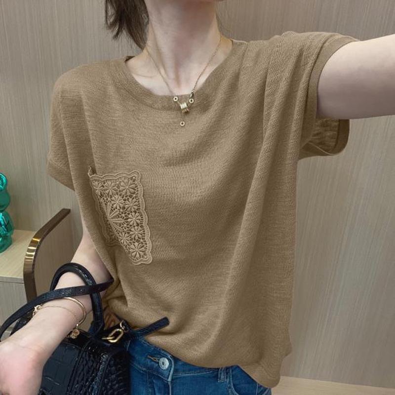 

Летняя Новая Модная Футболка с Коротким Рукавом Однотонная Женская Уличная Повседневная С Карманами Лоскутная Пуловеры Ажурные Хлопковые Топы XXL