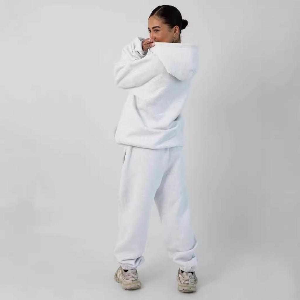 Comfrt Solid Color Embroidery Fleece Oversize Couple Hoodie Casual Loose Sweatpants Set