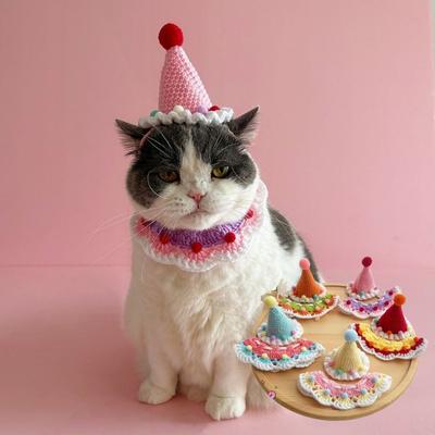 Cute Cat Birthday Hat Pet Birthday Party Dress Up Dog Neck Set Photo Decoration Handmade Dog Accessories for Small Dogs Puppy