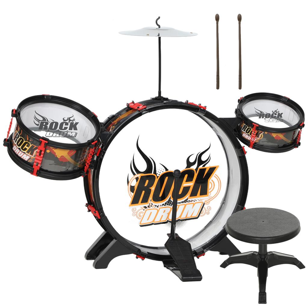 Drum Set for Children +3 Years with Stool, Drums, Bass Drum, Cymbal and Drumsticks 59.5x31.5x59 Cm Black