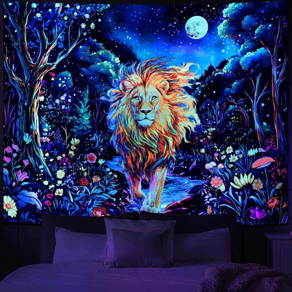 Obsecolors Blacklight Lion Tapestry UV Reactive Forest Wall Tapestry Trippy Galaxy Space Tapestries Colorful Flowers Plant Tapestries Wall Hanging