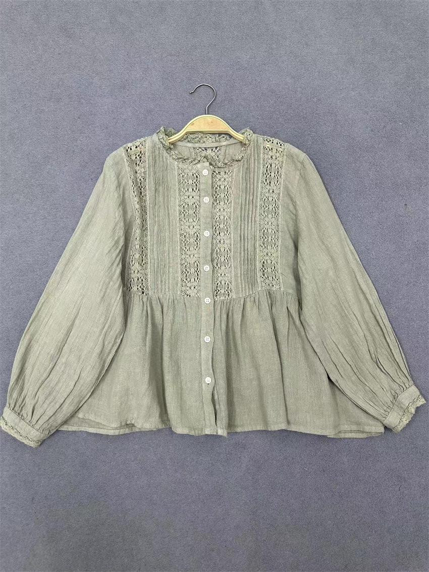 

Johnature Осенние рубашки с круглым вырезом, повседневные свободные винтажные кружевные рубашки с длинным рукавом и оборками One Size зелёный