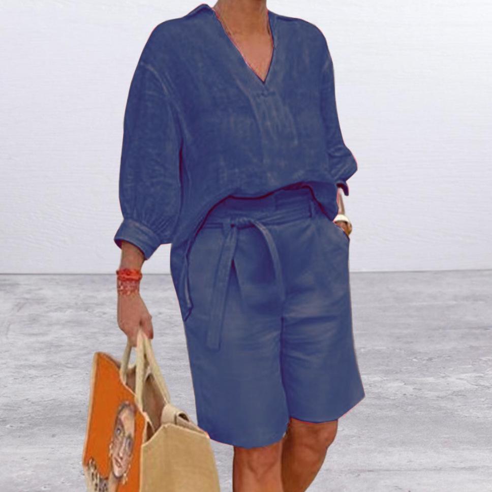 

2026 Summer European & American Style Women s Cotton Linen Casual Two-Piece Suit 5XL темно-синього кольору