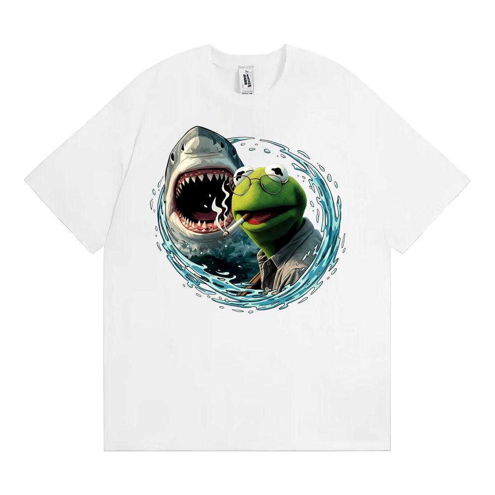 Smoking Kermit The Frog Meme Shark Attack Parody TShirt Mens Women Fashion Cool Tshirts Hot Sale Casual Short Sleeves T Shirt