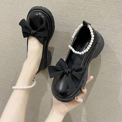 Damen Frühling und Herbst Perlen Schleife Mary Jane Schuhe Fee Stil Einfarbig Klobiger Absatz Single Shoes