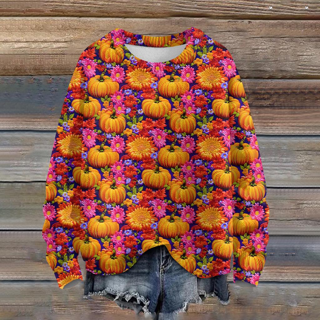 Ladies' Fashionable Casual Long Sleeved Halloween Printed Round Neck Knitted Yarn