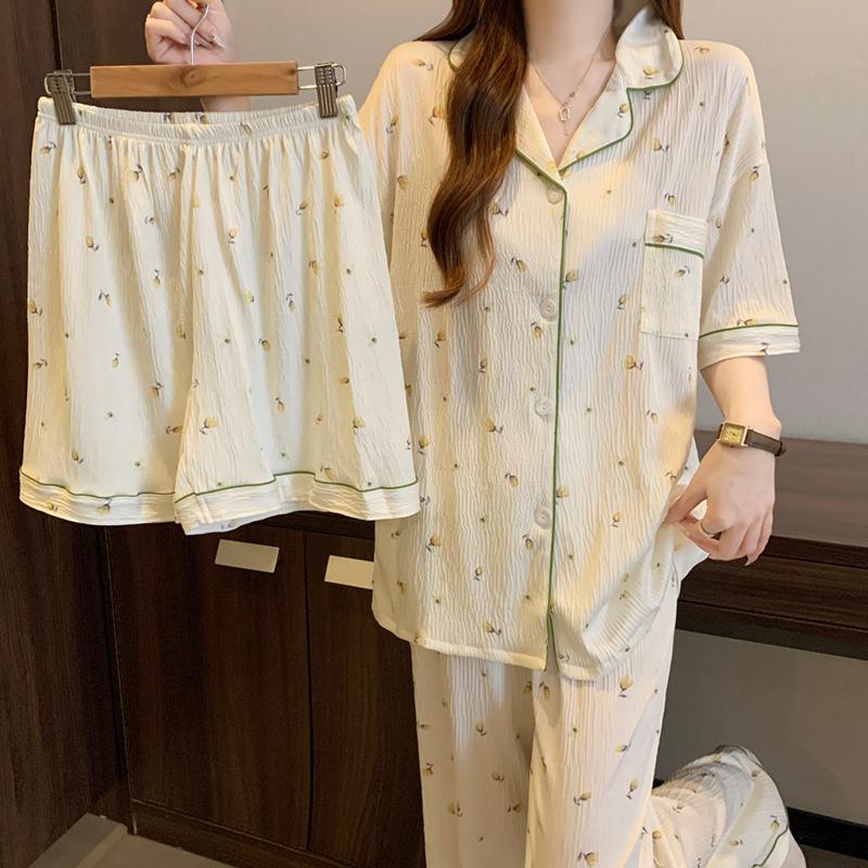Gentle Tulip Full Print Pajamas Women'S Summer Monsoon Short Sleeves Sweet Wind Loungewear Three-Piece Set