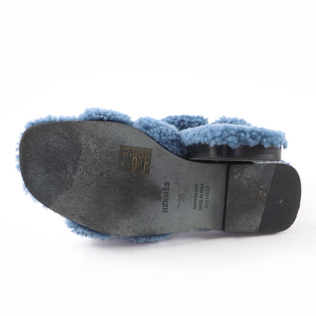 Great HERMES Sandals Oran Mules Flats blue Mouton Women 35 Used