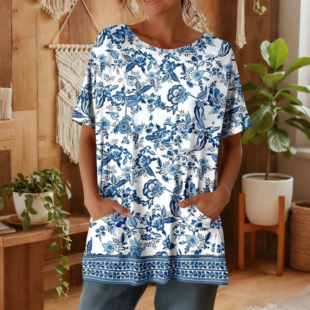 Top casual de manga corta con estampado floral para mujer