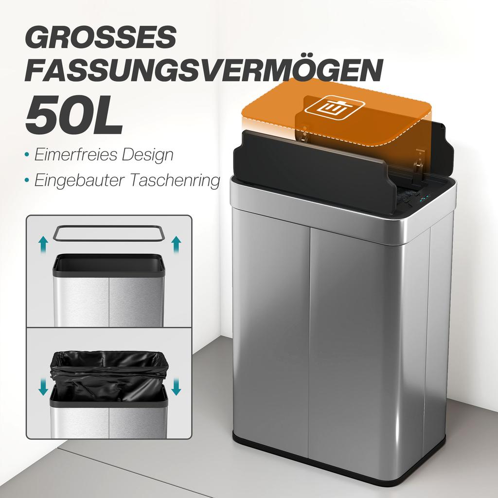 55L Sensor Bin, Large Automatic Touchless Rubbish Bin with Soft-Close Lid, Silver Tone