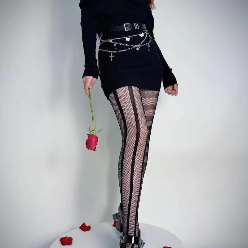 Pruhované asymetrické punčochové kalhoty dámské punčochové kalhoty vysoká elasticita krajka duté síťované sexy punčochy klasické dámské gotické punčochové kalhoty