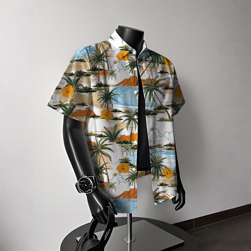 Men's Vintage Hong Kong-Style Hawaiian Floral Short-Sleeve Shirt: Trendy Summer Beachwear for Couples