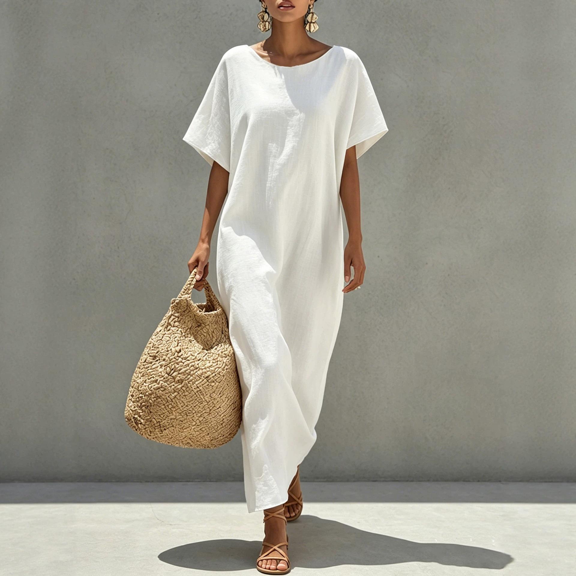 European and American casual women s clothing white dress loose and minimalist design classic vacation lazy style dress S